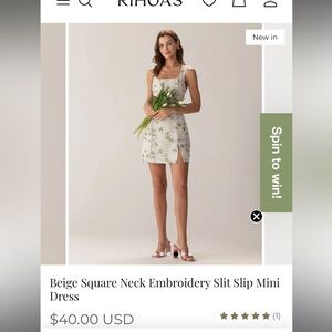 RIHOAS Beige Square Neck Embroidery Slit Slip Mini Dress with Green Floral